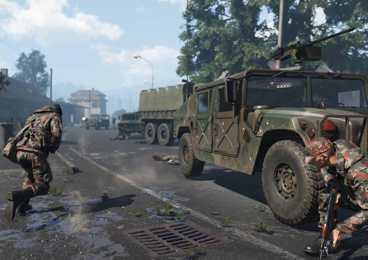 Arma Reforger screenshot. Soldiers next to a Humvee.