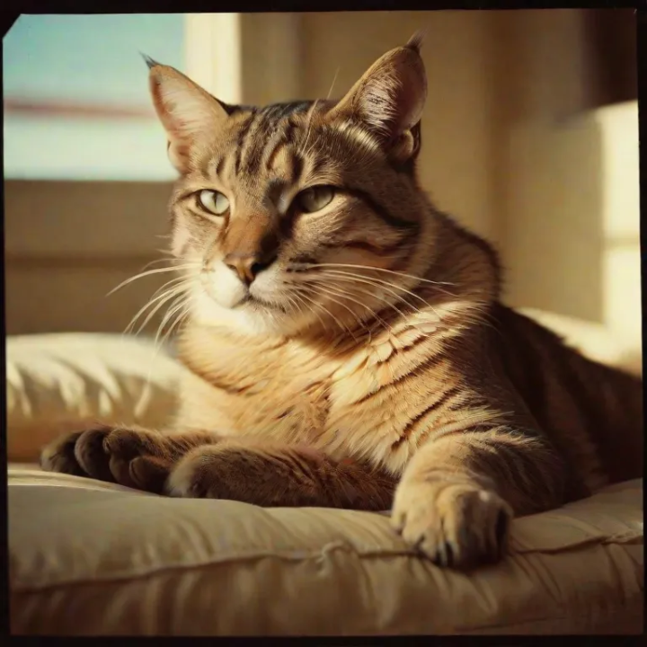 A Polaroid photo of a big tomcat sitting on a cushion.
